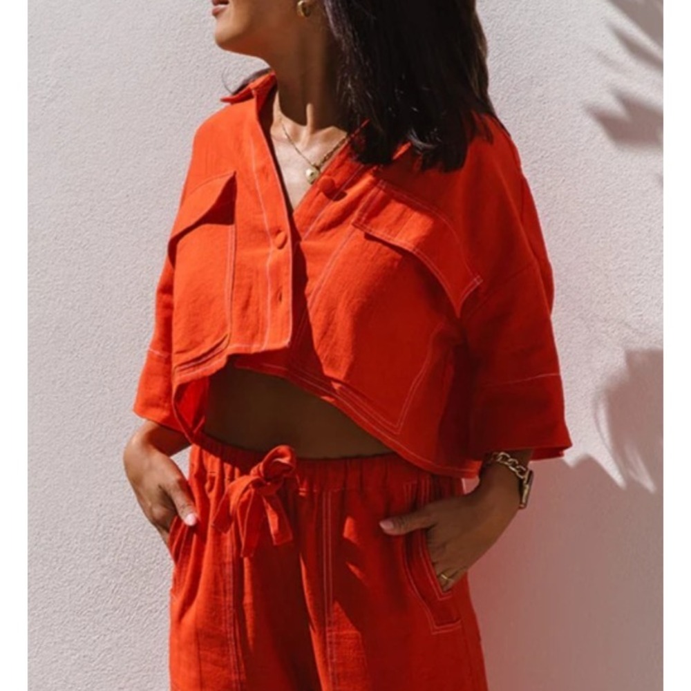 Luna Lane Shirt Blouse Size S/M Orange White Trim Cropped‎ Cotton Pockets